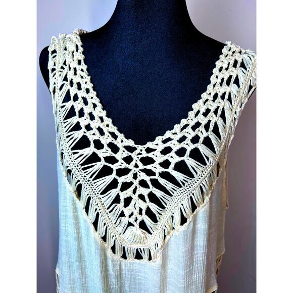Womens Boho Crochet Swimsuit Cover Up Mini Dress One Size Beige Beach - Picture 5 of 7